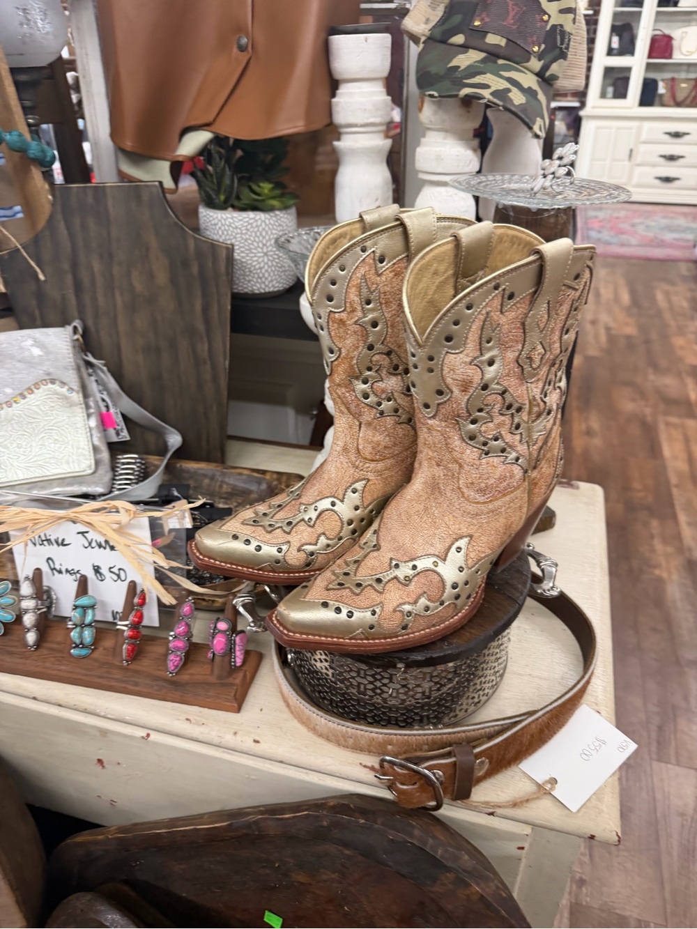 Ariat Gold and Tan Embossed Western Boots
